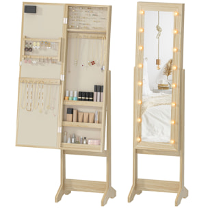 Espejo Joyero con Luces LED, Armario para Joyas, Armario Joyero de Pie con Espejo Entero, Ángulo Ajustable, con Estantes, Ranuras para Anillos, Madera Natural
