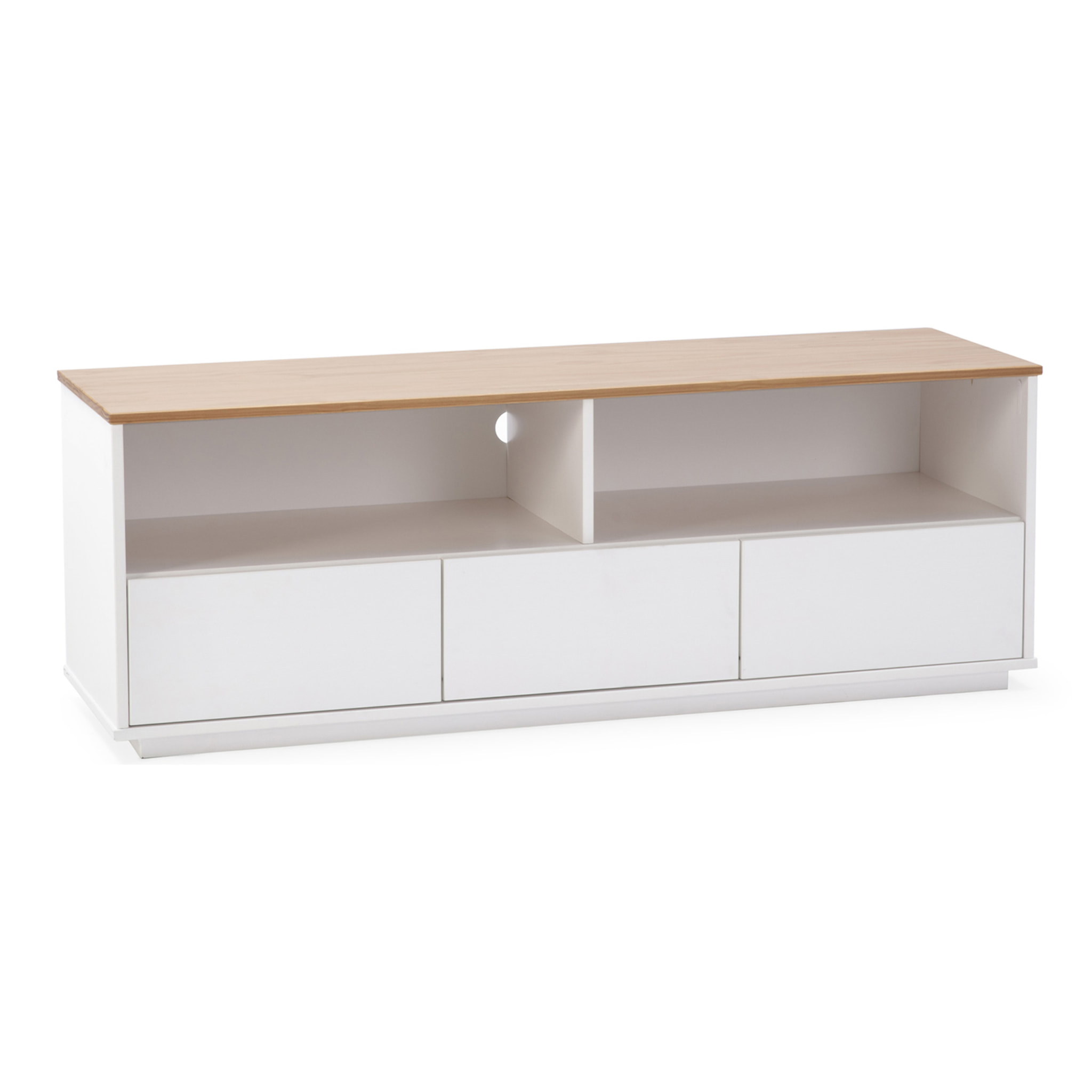 Mueble TV Bob 3 cajones 2 Huecos Blanco/Roble, Madera Maciza