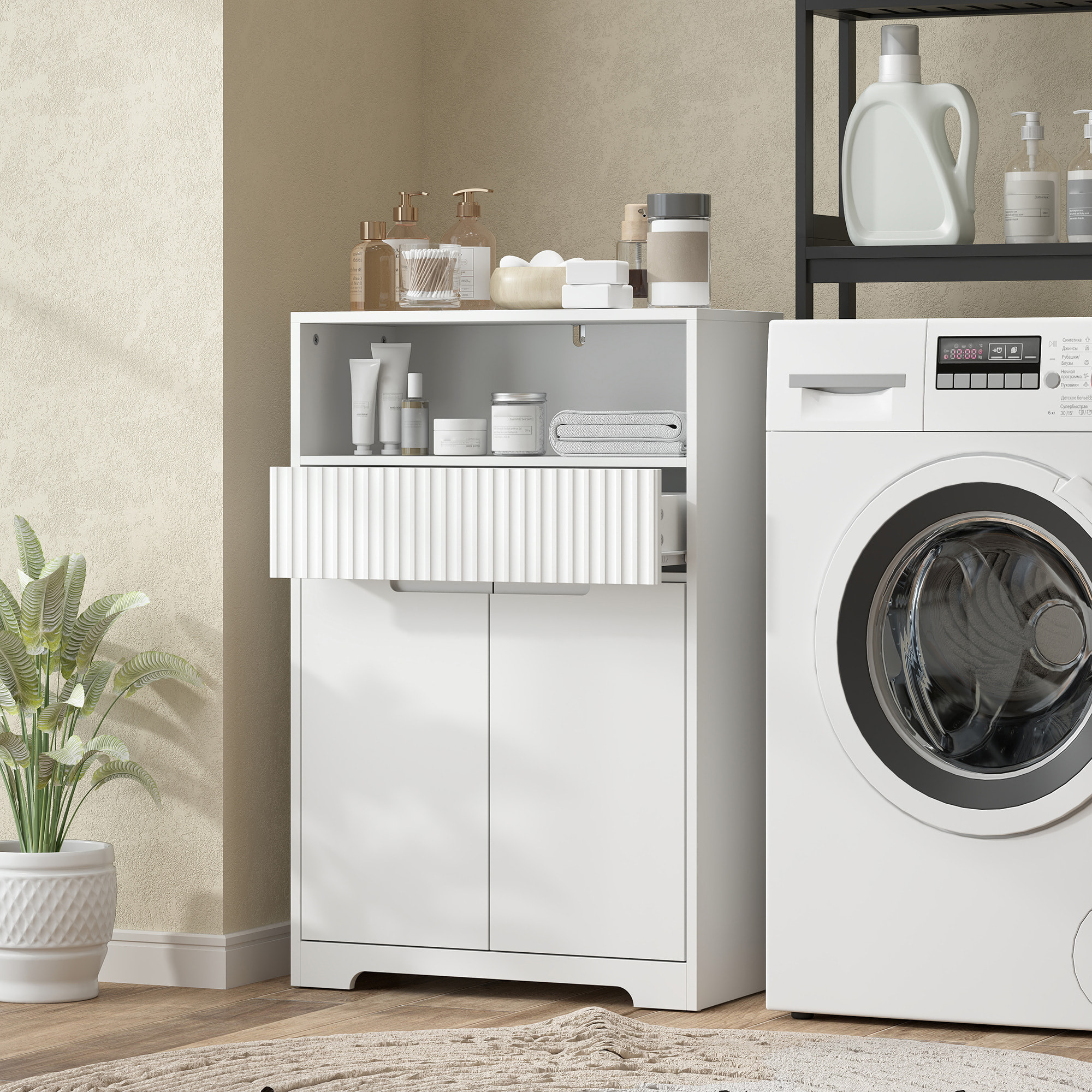 HOMCOM Armario de Baño Estrecho, Mueble de Baño con Cajón de Frontal Acanalado, Estante Abierto, 2 Puertas y Estante Ajustable, Estilo Moderno, 60x30x91,5 cm, Blanco