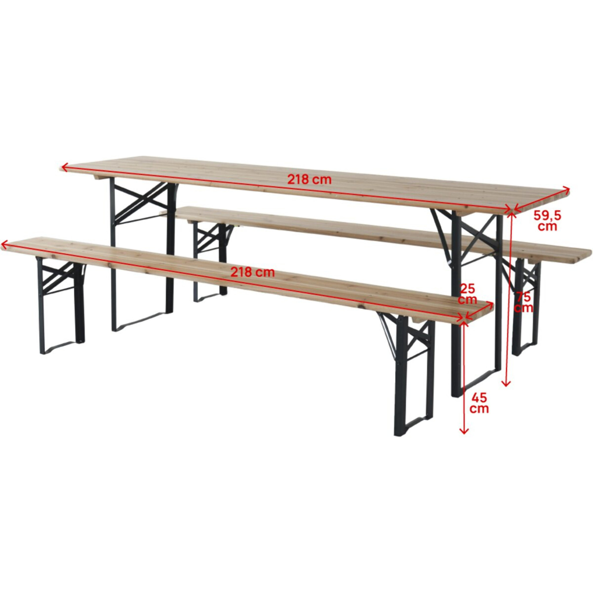 Table de jardin brasserie pliante avec 2 bancs " Lisbonne " - 218 x 59,5 x 75 cm -  Marron