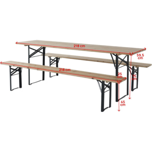 Table de jardin brasserie pliante avec 2 bancs " Lisbonne " - 218 x 59,5 x 75 cm -  Marron
