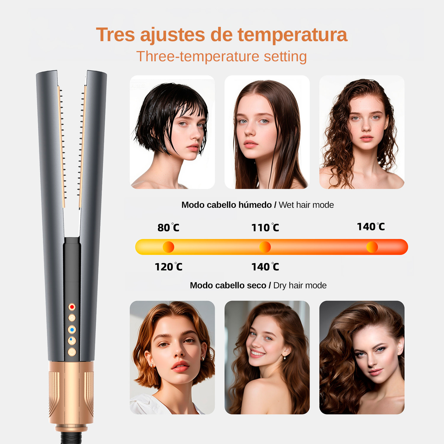 Plancha de pelo 052. 3 en 1 con iones negativos permite alisar, secar y peinar. 4 temperaturas, 2 velocidades y 2 modos de uso.
