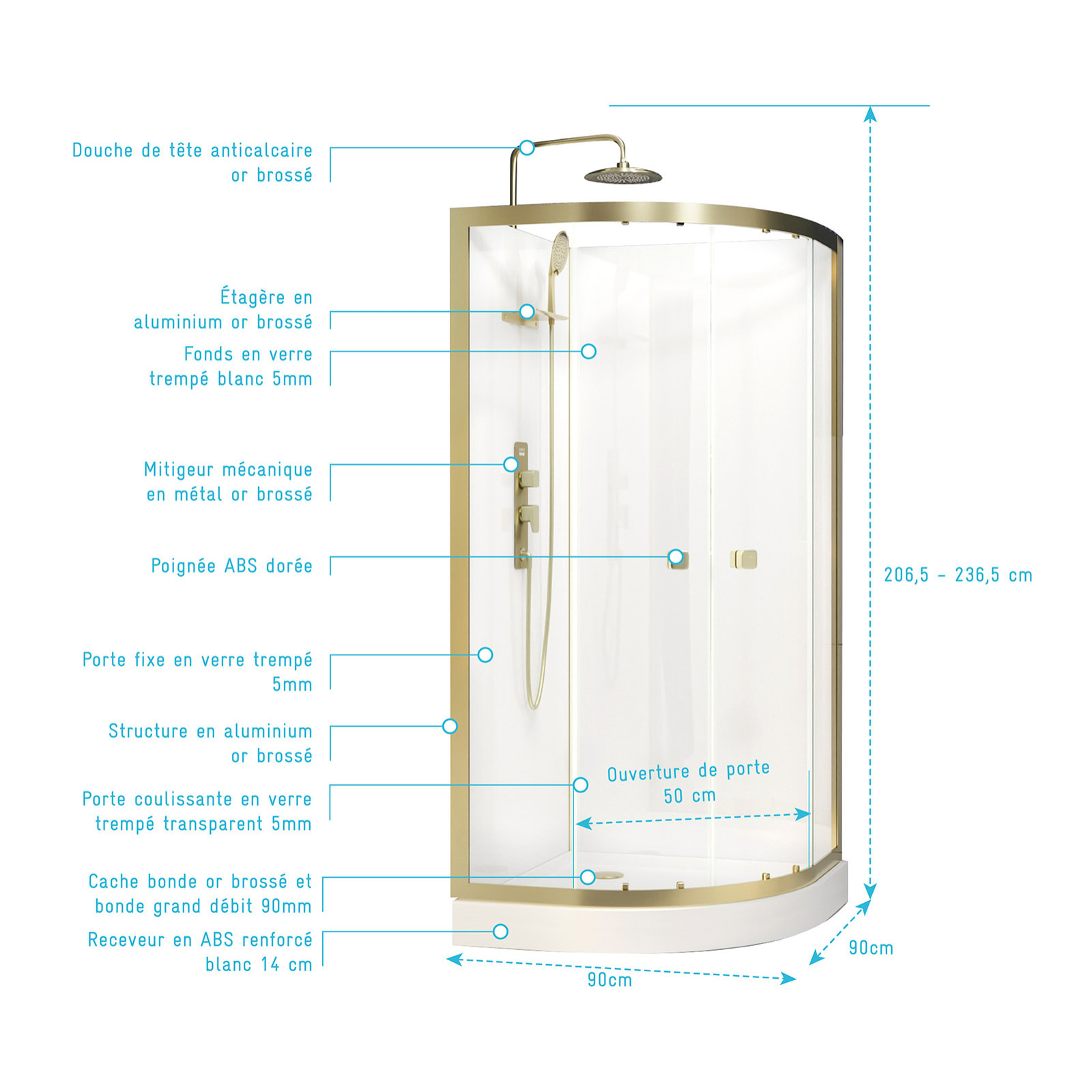 Cabine de douche 1/4 de cercle 90x90x206.5/236.5cm Blanche et Profilés Or Brossé - Receveur standard