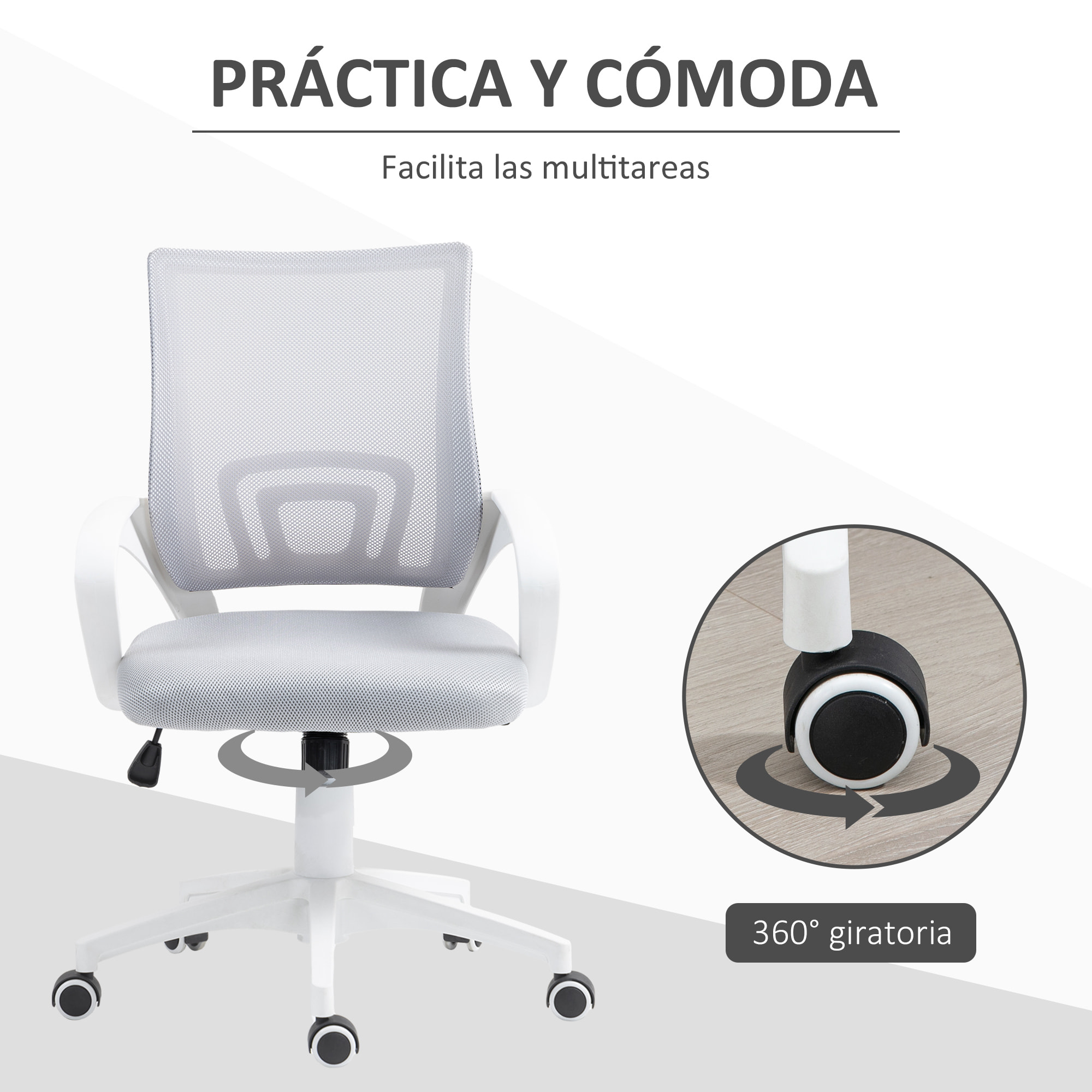 Silla de Oficina de Malla Silla de Escritorio Giratoria con Altura Ajustable Función de Basculante Soporte Lumbar y Reposabrazos Silla para Estudio Carga 120 kg Gris