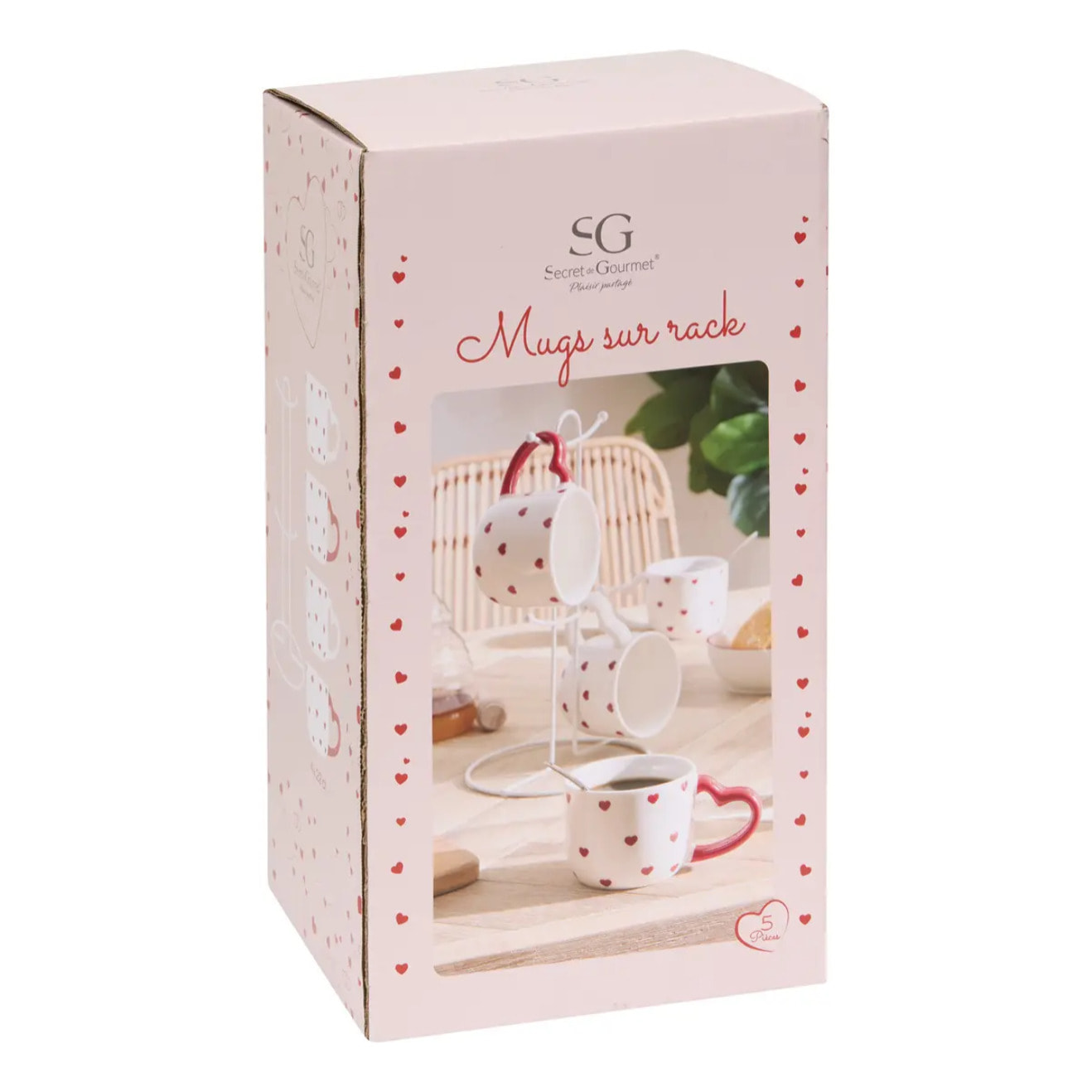 Coffret 4 mugs sur rack Valentine motif à coeurs