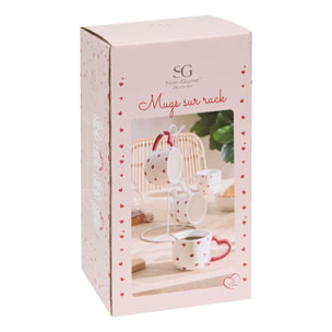 Coffret 4 mugs sur rack Valentine motif à coeurs