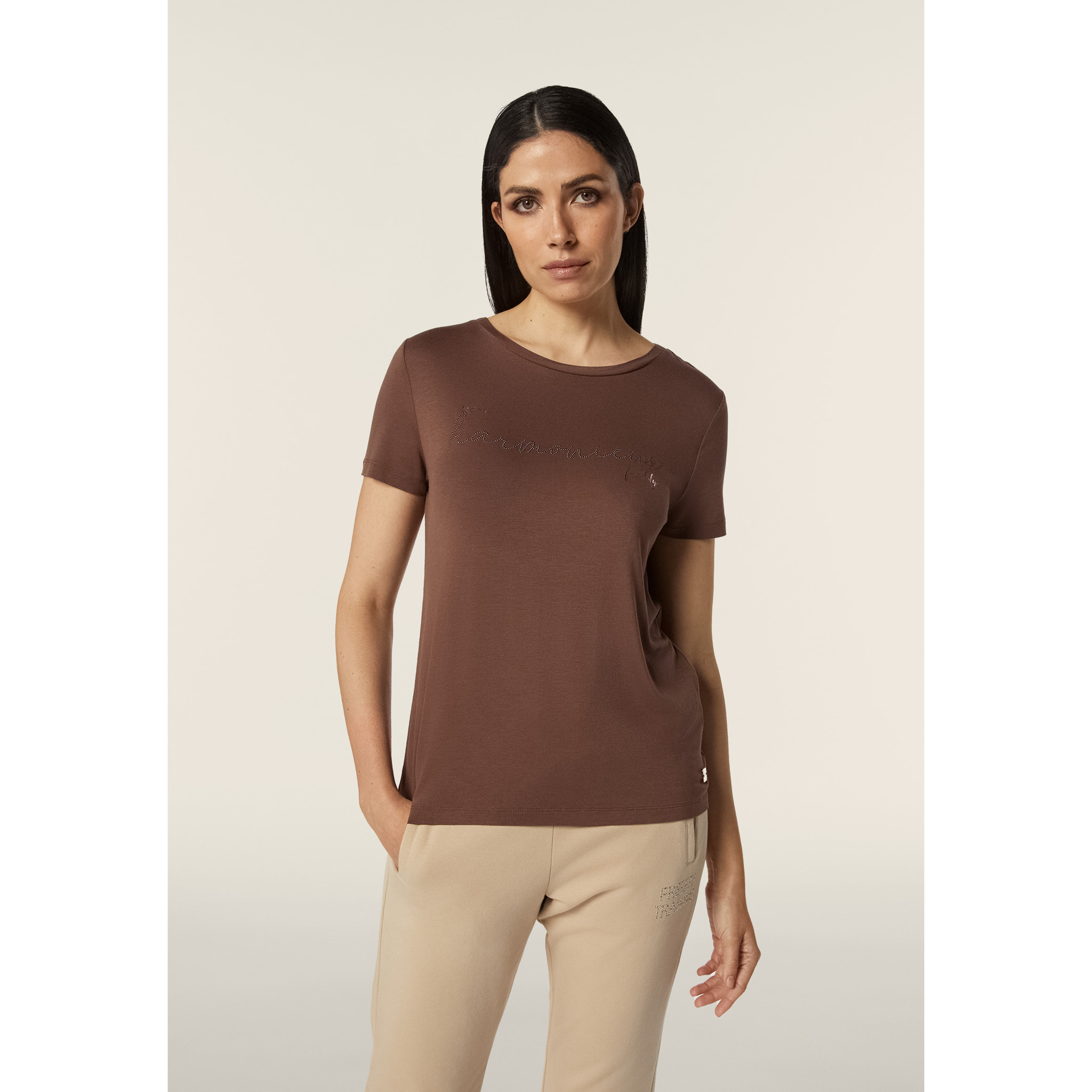 T-shirt donna in jersey viscosa scritta composta da borchie