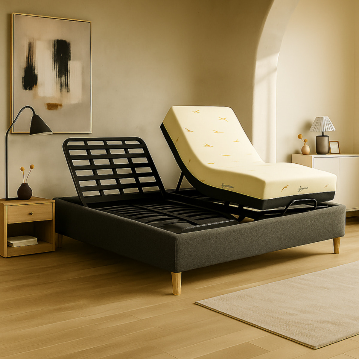 Ensemble lit électrique Ergoflex et matelas | Contour Bouclette | Gris clair