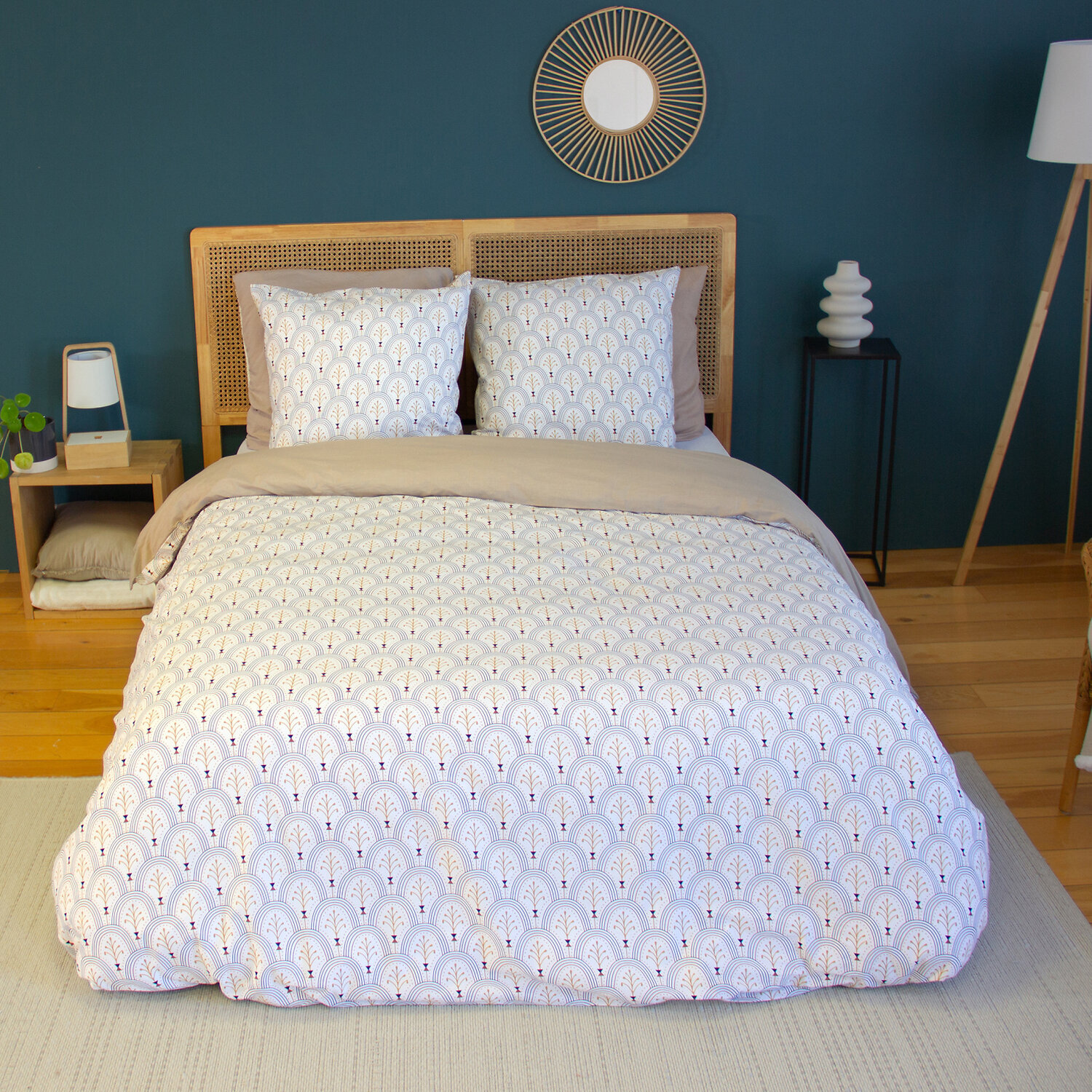 Parure housse de couette 100% coton motif art déco - blanc