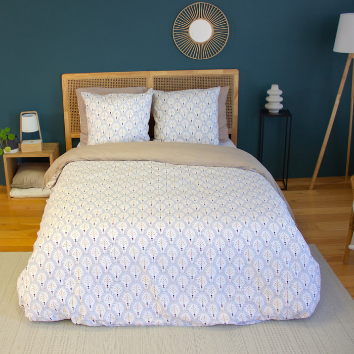 Parure housse de couette 100% coton motif art déco - blanc