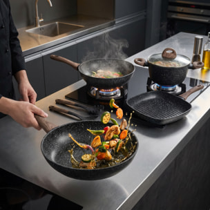 Set pentole e padelle 10 pezzi antiaderente stone, batteria cucina induzione con wok casseruola padella bistecchiera e utensili, rivestimento marmorizzato, manici soft touch effetto legno, adatto a tutti i piani cottura