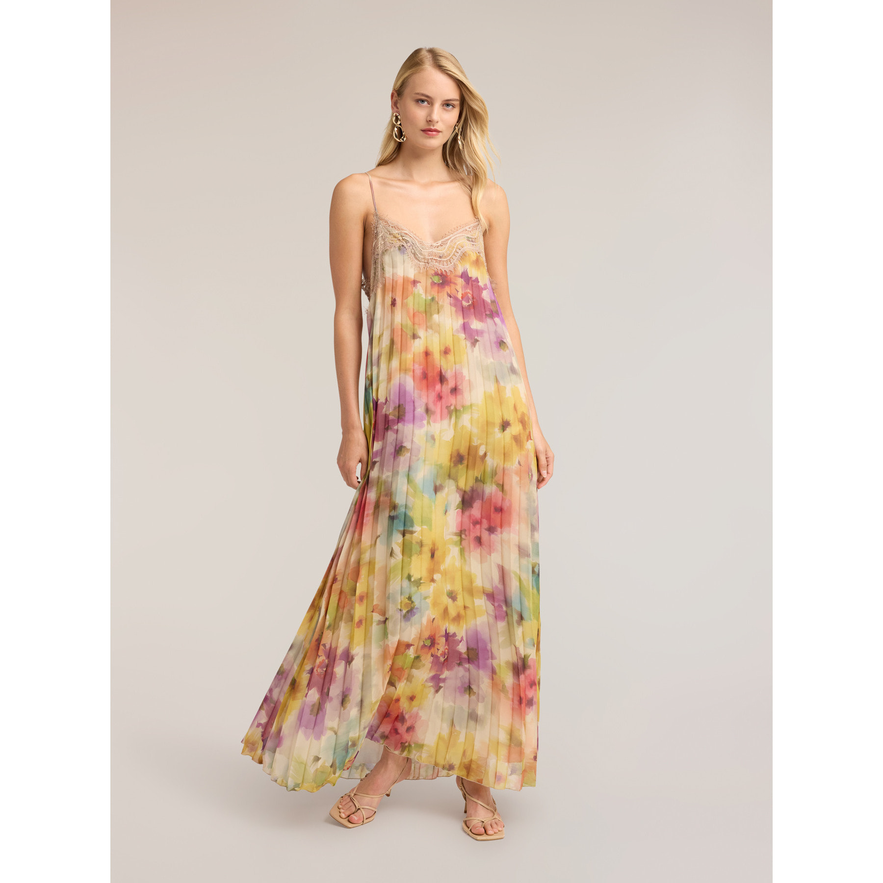 Motivi - Vestido maxi de gasa plisada con estampado - Amarillo
