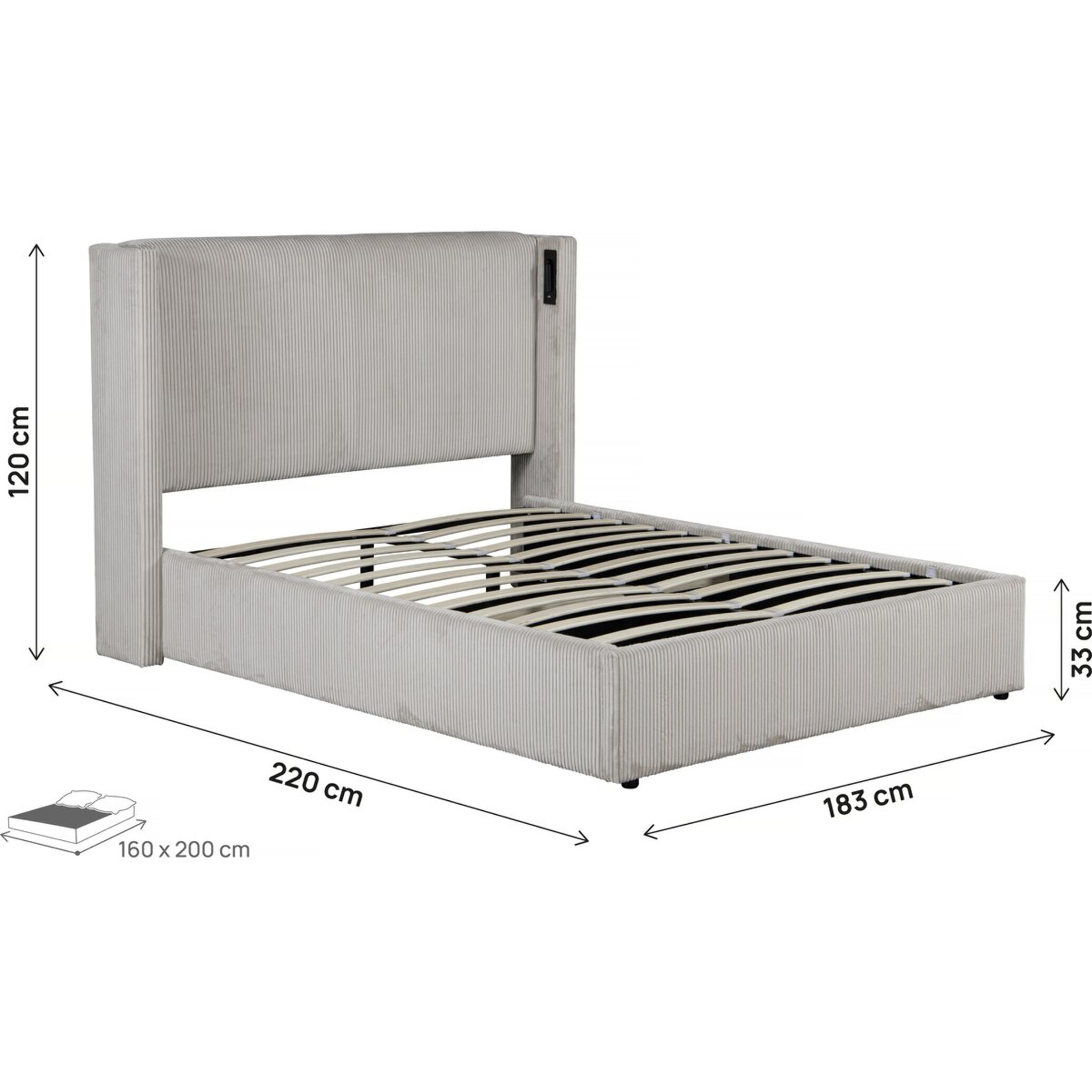 Lit double en velours côtelé avec coffre et lampe intégré "Cortina" - 160 x 200 cm - Beige