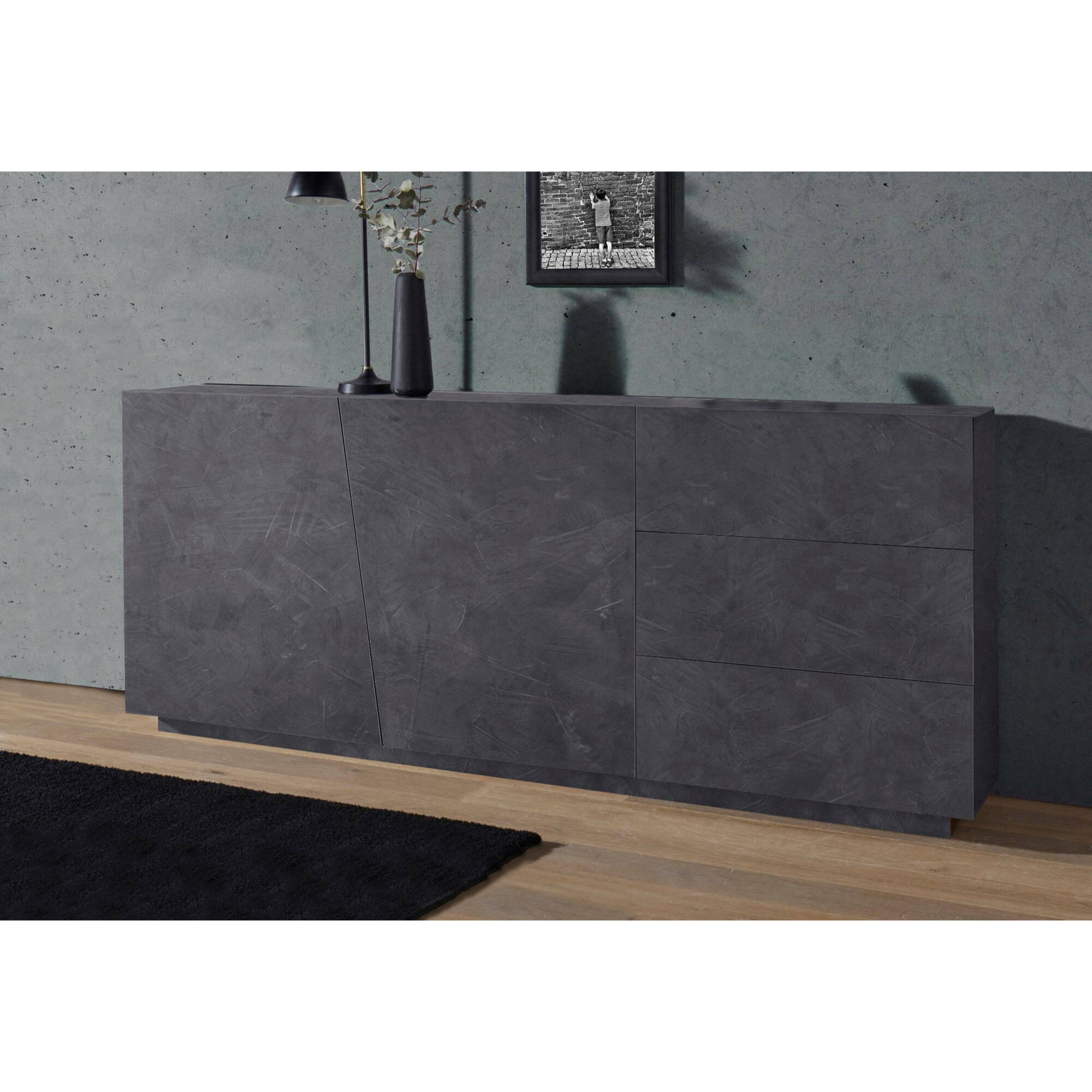 Credenza moderna a 2 ante e 3 cassetti, Made in Italy, Madia da cucina, Buffet di design da soggiorno, cm 180x43h86, colore Grigio Ardesia