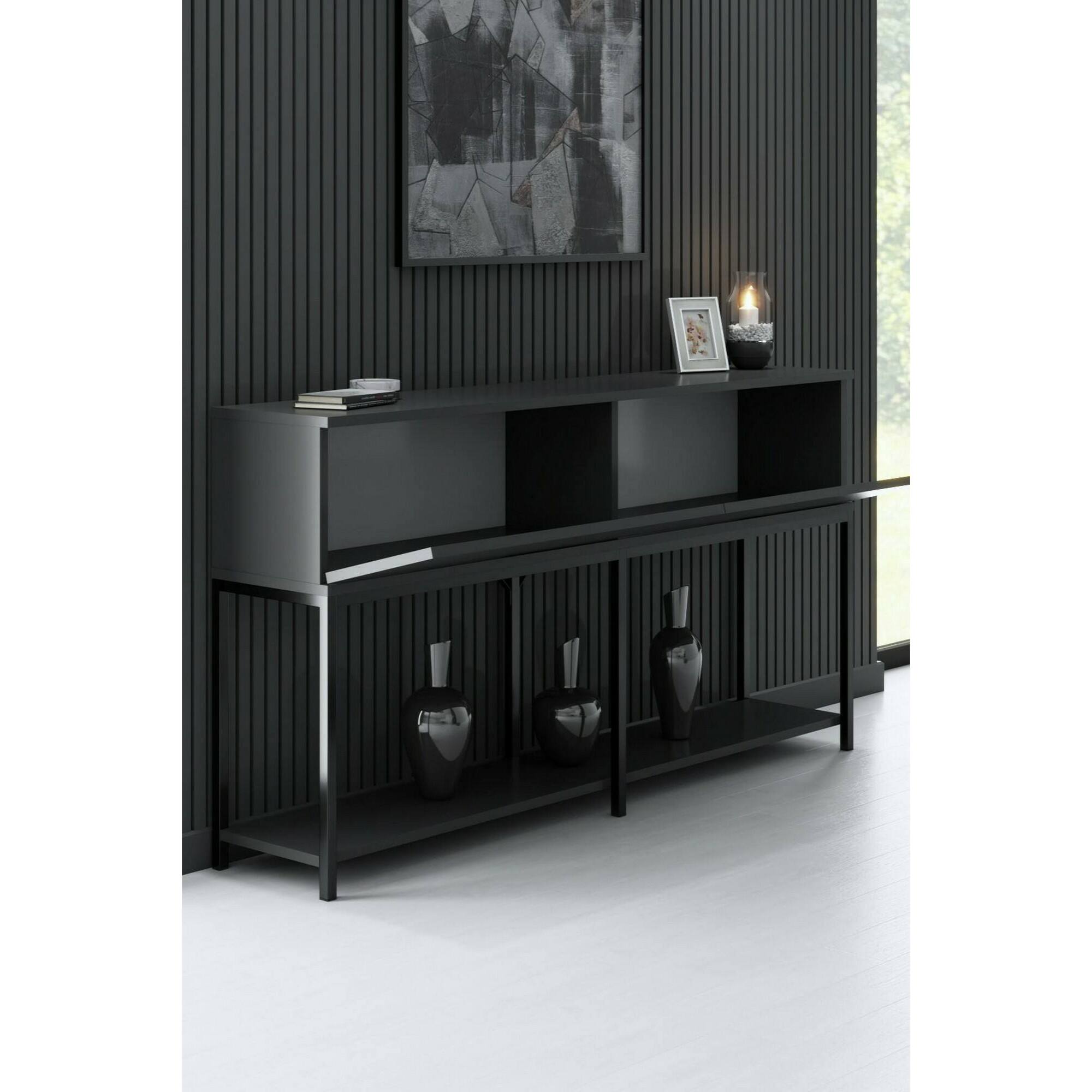 Credenza Djimsit, Buffet da soggiorno, Madia da salotto, Dispensa da cucina, 150x30h80 cm, Antracite e Nero