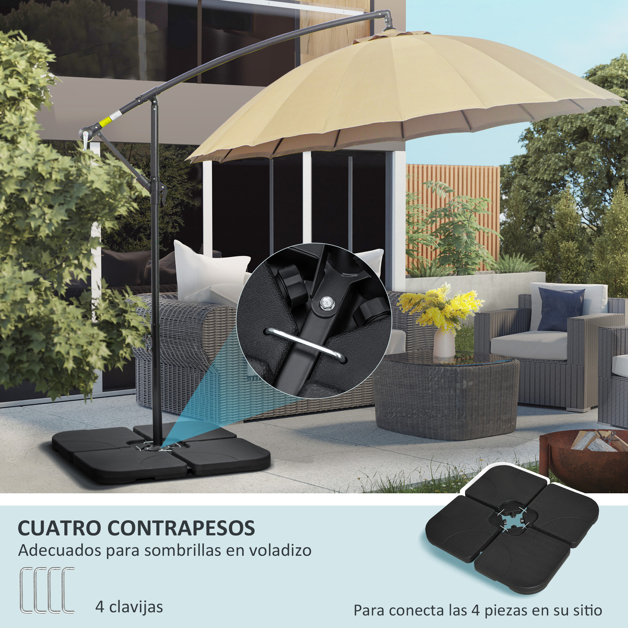 Peso para Base de Sombrilla de 4 Piezas Base para Sombrilla Excéntrica Cuadrado Rellenable de Agua 15 Litro Arena 19,5 kg para Base Cruzada Negro