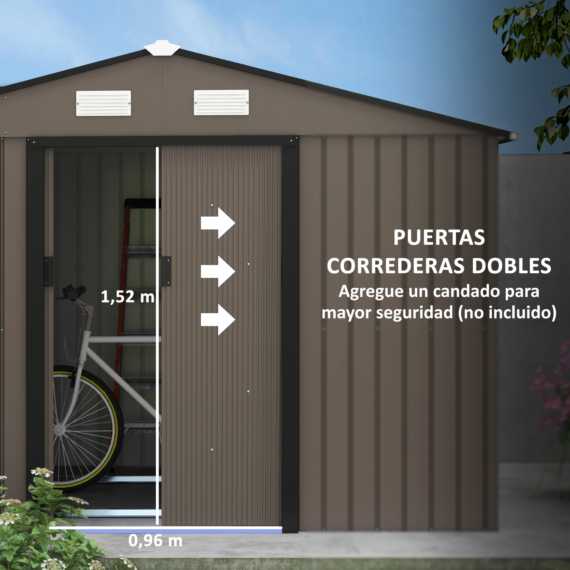 Caseta de Jardín Exterior 4,9 m² 277x195x192 cm Efecto Madera Cobertizo de Jardín Exterior con Puerta Corredera Techo Inclinado Base Refuerzo (Suelo NO Incluido) y 4 Ventanas Marrón