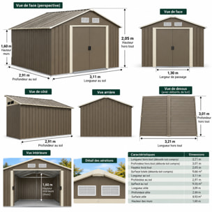 Abri de jardin métal gris/vert 9,05 m² + kit d'ancrage