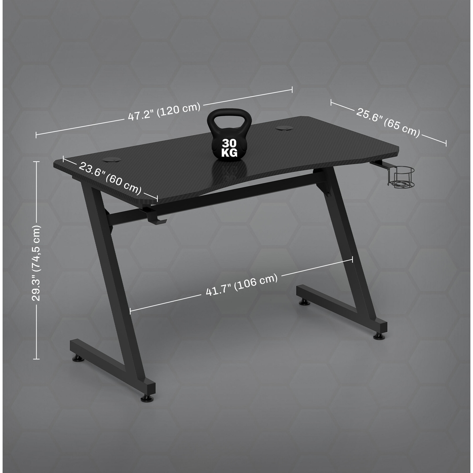 Bureau gaming plateau effet fibre de carbone dim. 120L x 65l cm bracket casque porte-gobelet passe-câble noir