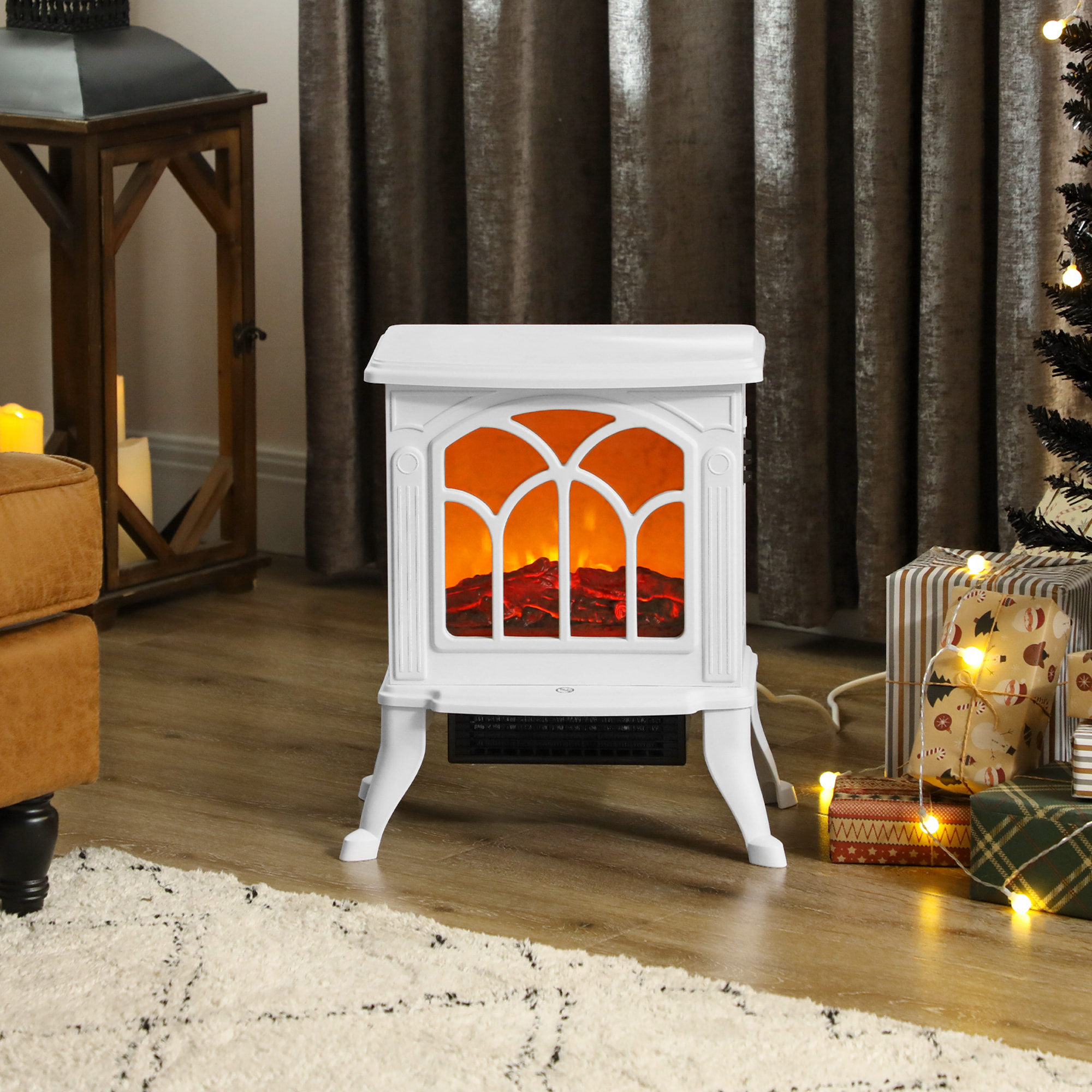 Chimenea Eléctrica de Pie 750/1500 W, Chimenea Decorativa con 2 Niveles de Potencia, Efecto Llama, Protección Sobrecalentamiento, Área de Cobertura 15-20 m², Blanco