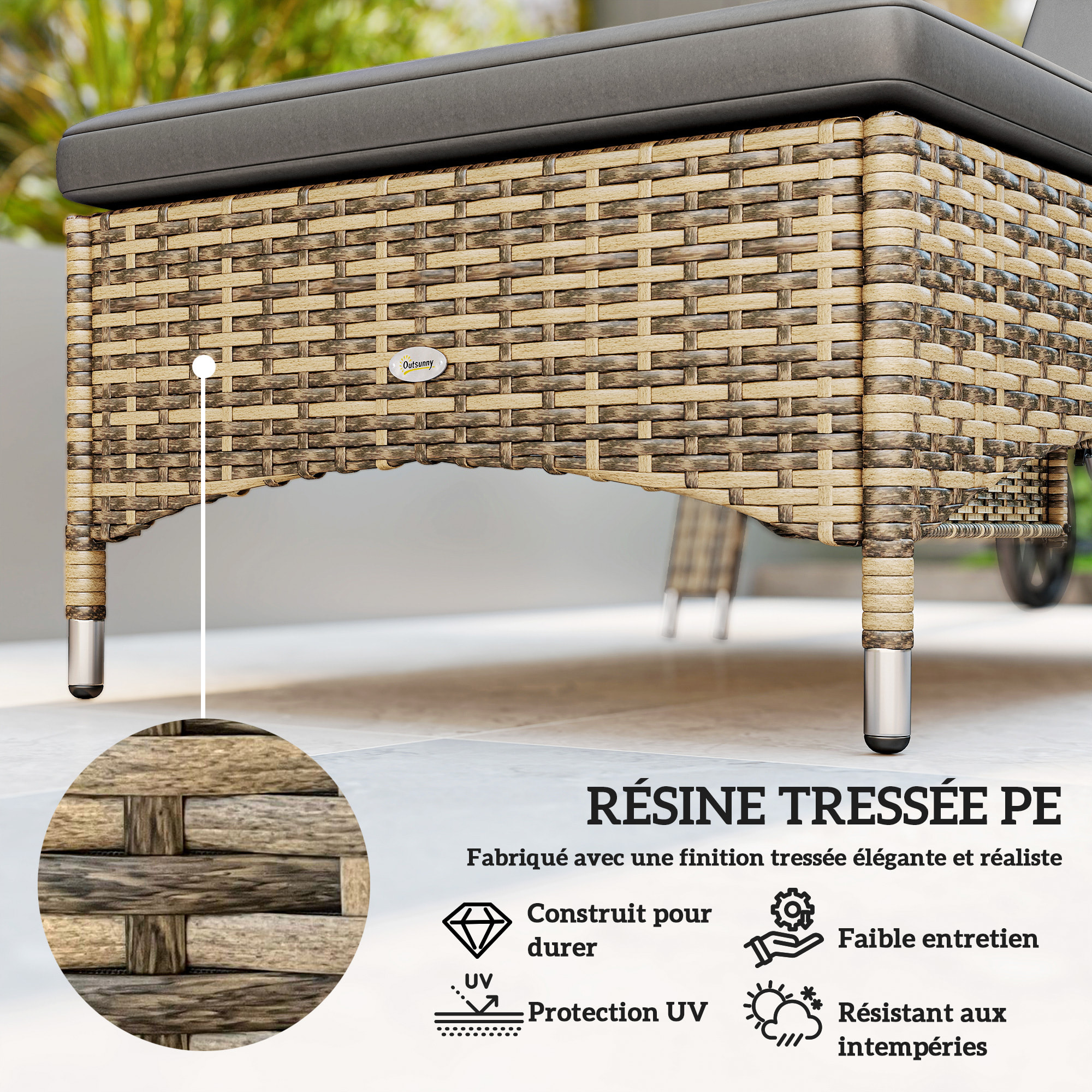 Lot de 2 bains de soleil inclinables tout confort avec table d'appoint résine tressée beige