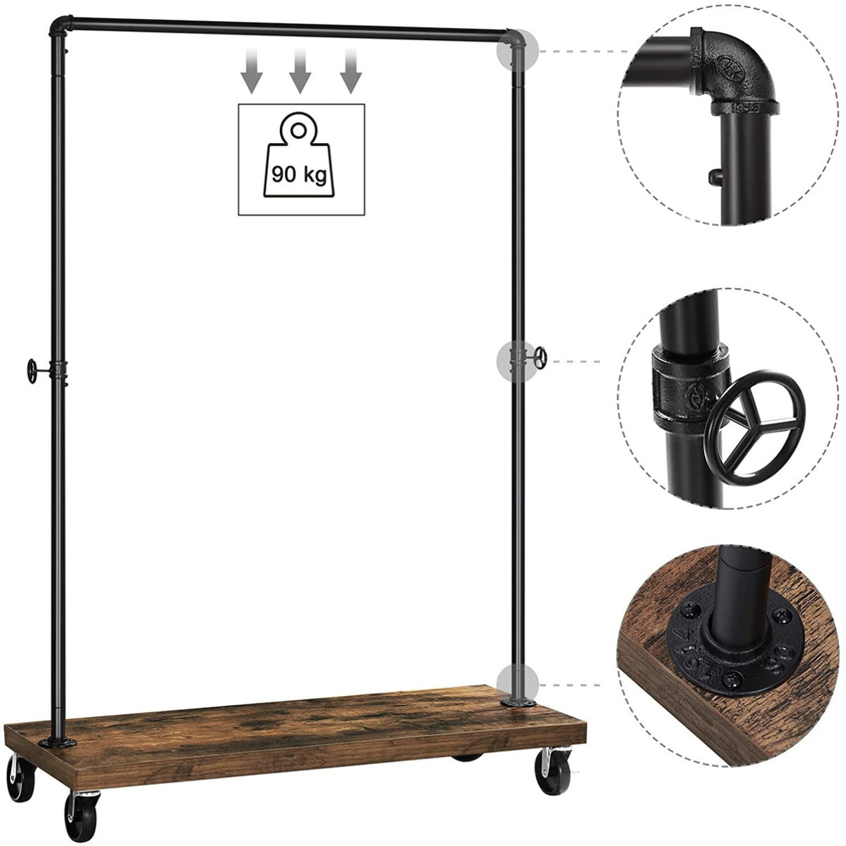 Stender appendiabiti industriale con ruote e ripiano in legno