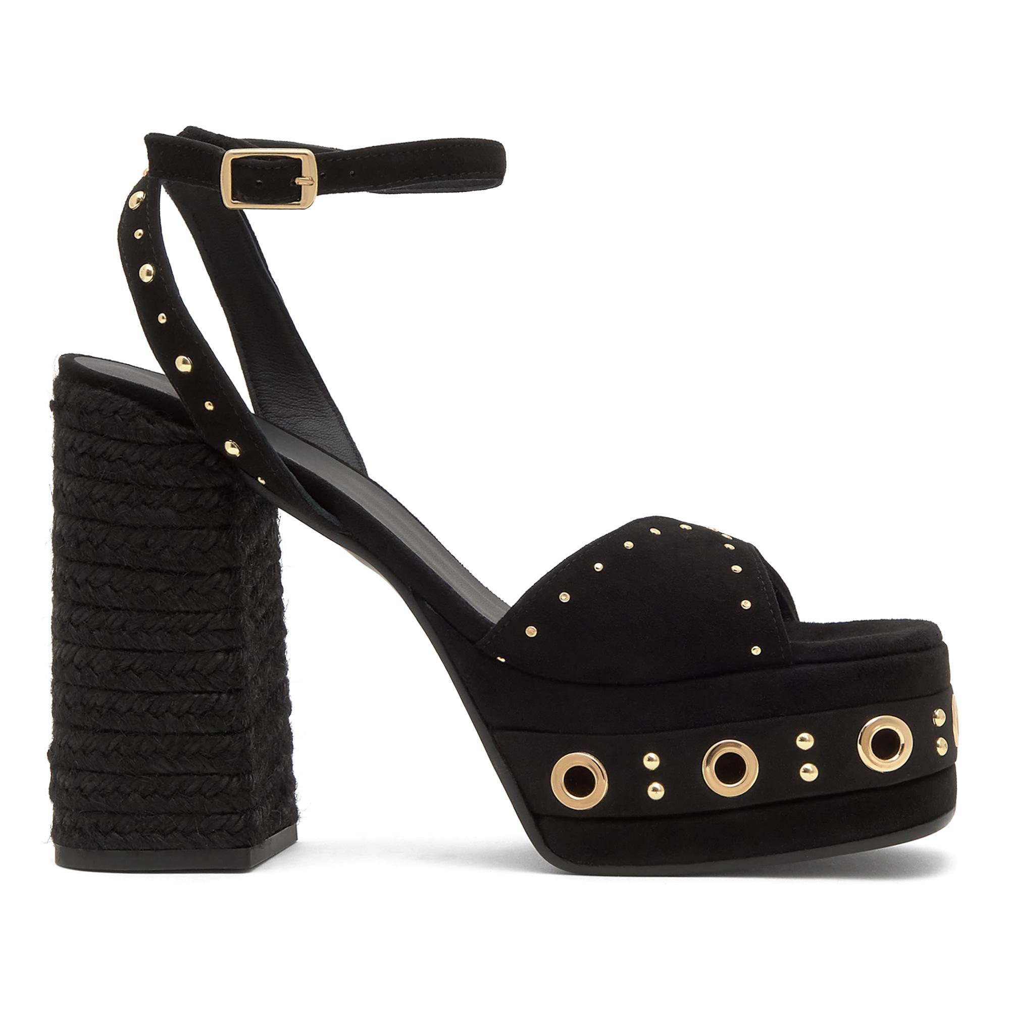 Sandalia Fruamba en ante con tachuelas y tacón de yute tintado