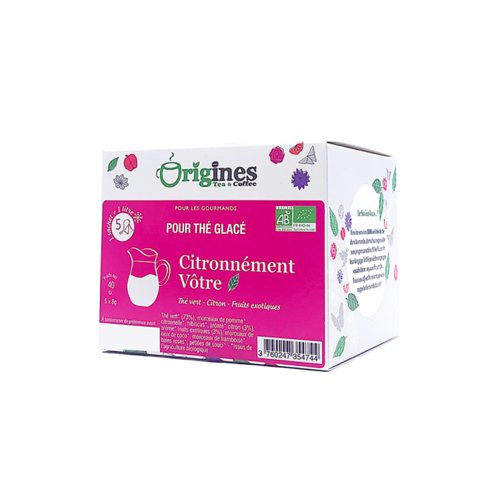 Citronnément Vôtre - Thé vert Bio citron et fruits gourmands - Infusettes Thé Glacé 5x8g
