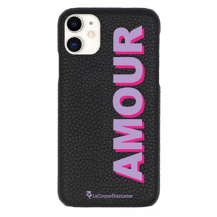 Coque iPhone 11 effet cuir grainé noir Amour parme et fushia Design La Coque Francaise