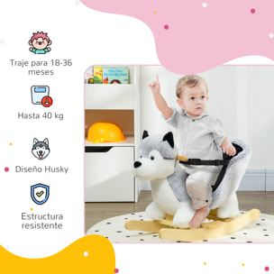 Caballo Balancín para Niños de 18-36 Mesas Forma Perro Husky Caballo de Juguete con Sonido Asas Cinturón de Seguridad y Base de Madera Carga 40 kg 60x33x50 cm Gris