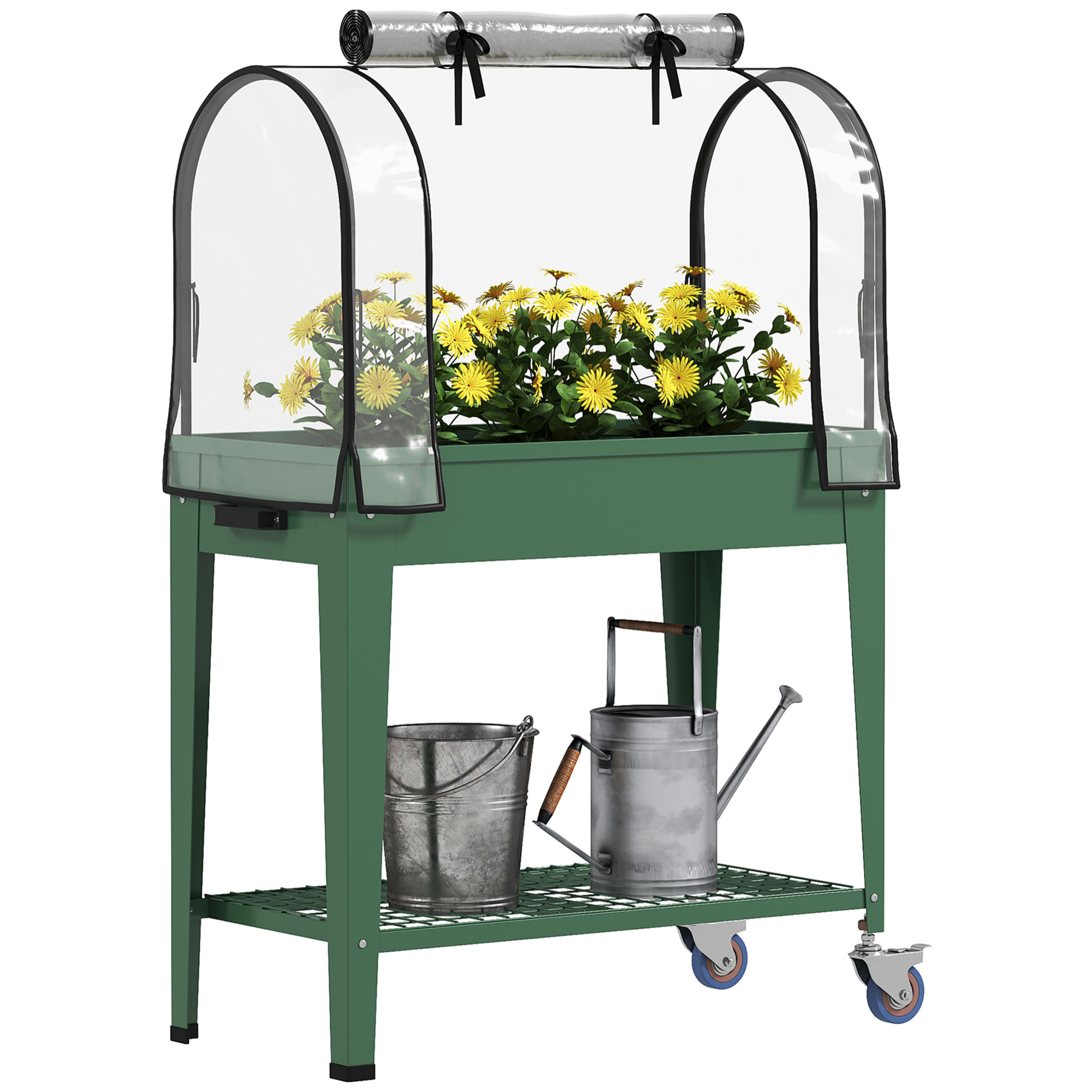 Huerto Urbano Elevado con Ruedas, Mesa de Cultivo con Cubierta de Invernadero y Estante Inferior para Cultivo, Plantas, Flores y Verduras, 80x40x120 cm, Verde