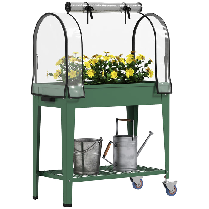 Huerto Urbano Elevado con Ruedas, Mesa de Cultivo con Cubierta de Invernadero y Estante Inferior para Cultivo, Plantas, Flores y Verduras, 80x40x120 cm, Verde
