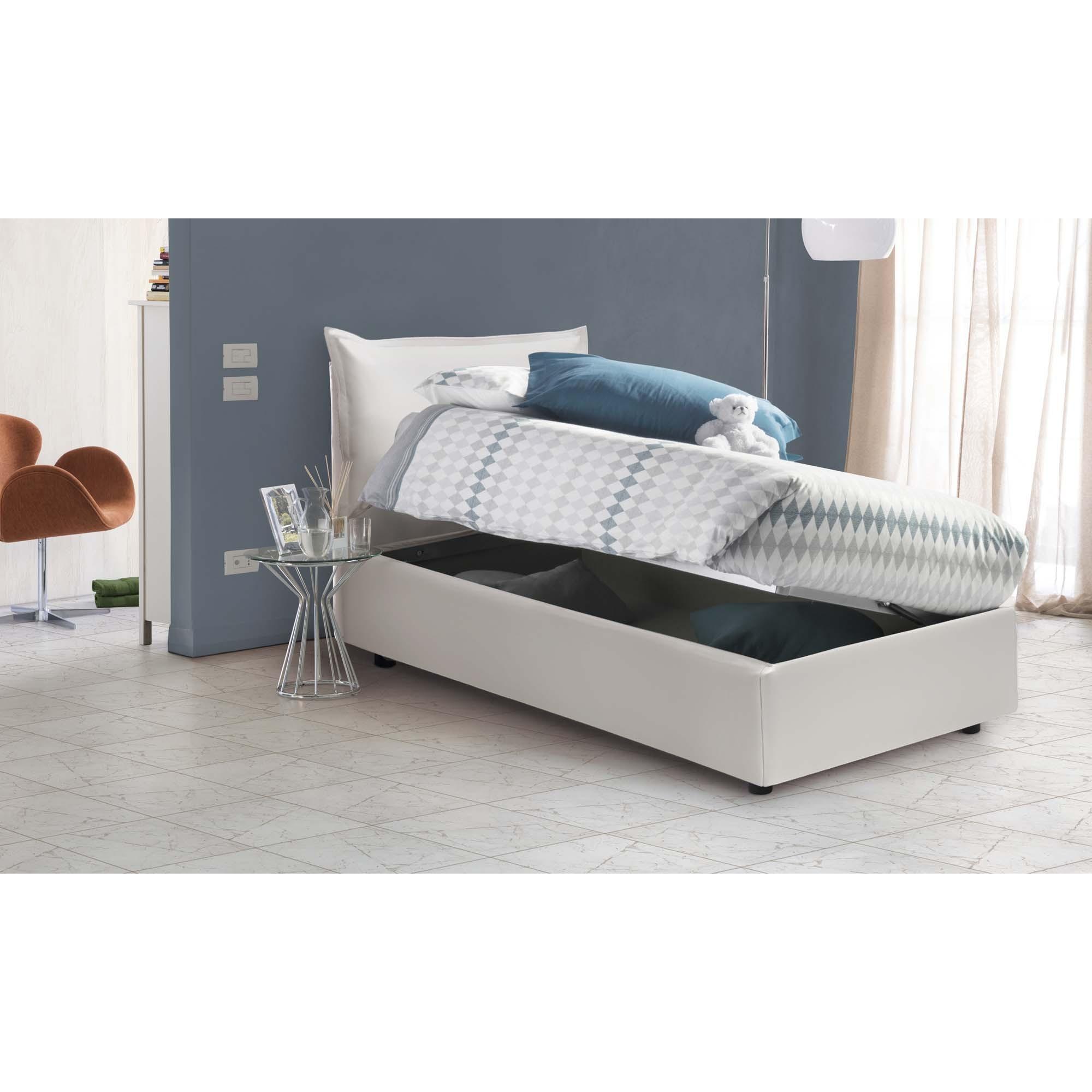 Letto singolo Livia, Letto contenitore con rivestimento in ecopelle, 100% Made in Italy, Apertura laterale, adatto per materasso Cm 80x190, Bianco