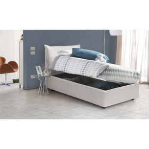 Letto singolo Livia, Letto contenitore con rivestimento in ecopelle, 100% Made in Italy, Apertura laterale, adatto per materasso Cm 80x190, Bianco