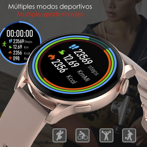 Smartwatch DT3 con notificaciones, pantalla dividida, modos multideportivos y monitor cardíaco.