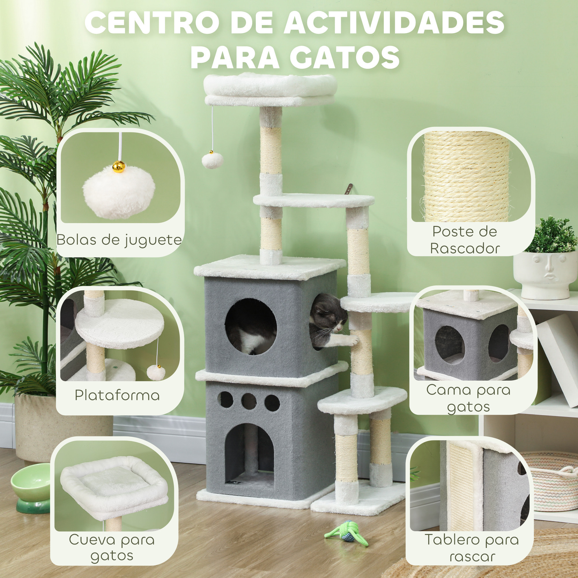 Árbol Rascador para Gatos 126 cm Torre para Gatos Rascador para Gatos con Nidos Plataformas Bolas Colgantes y Postes de Sisal Crema