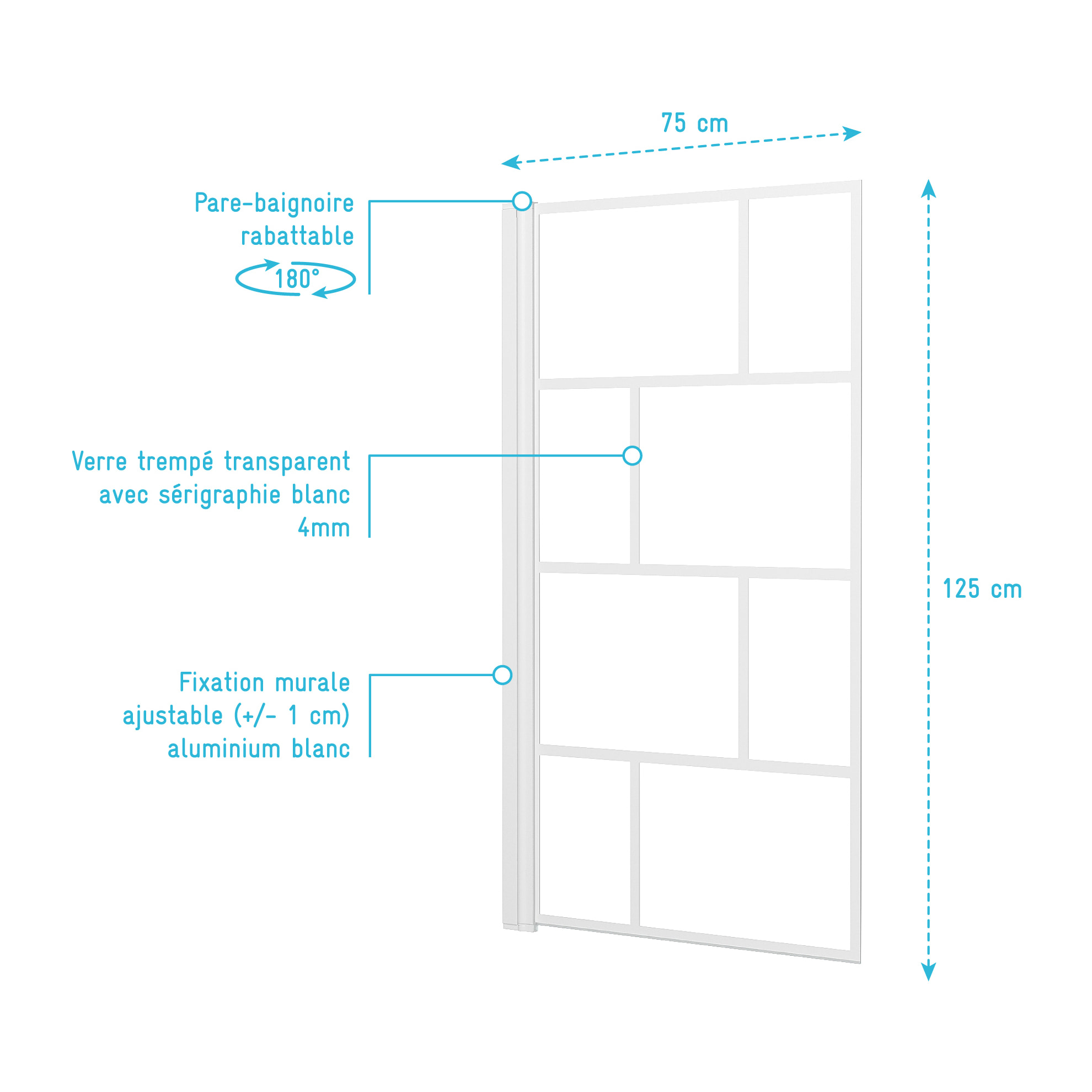 Pare Baignoire Rabattable 75x125cm - Sérigraphie Briques Blanches - Verre Trempé 4mm
