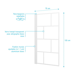 Pare Baignoire Rabattable 75x125cm - Sérigraphie Briques Blanches - Verre Trempé 4mm