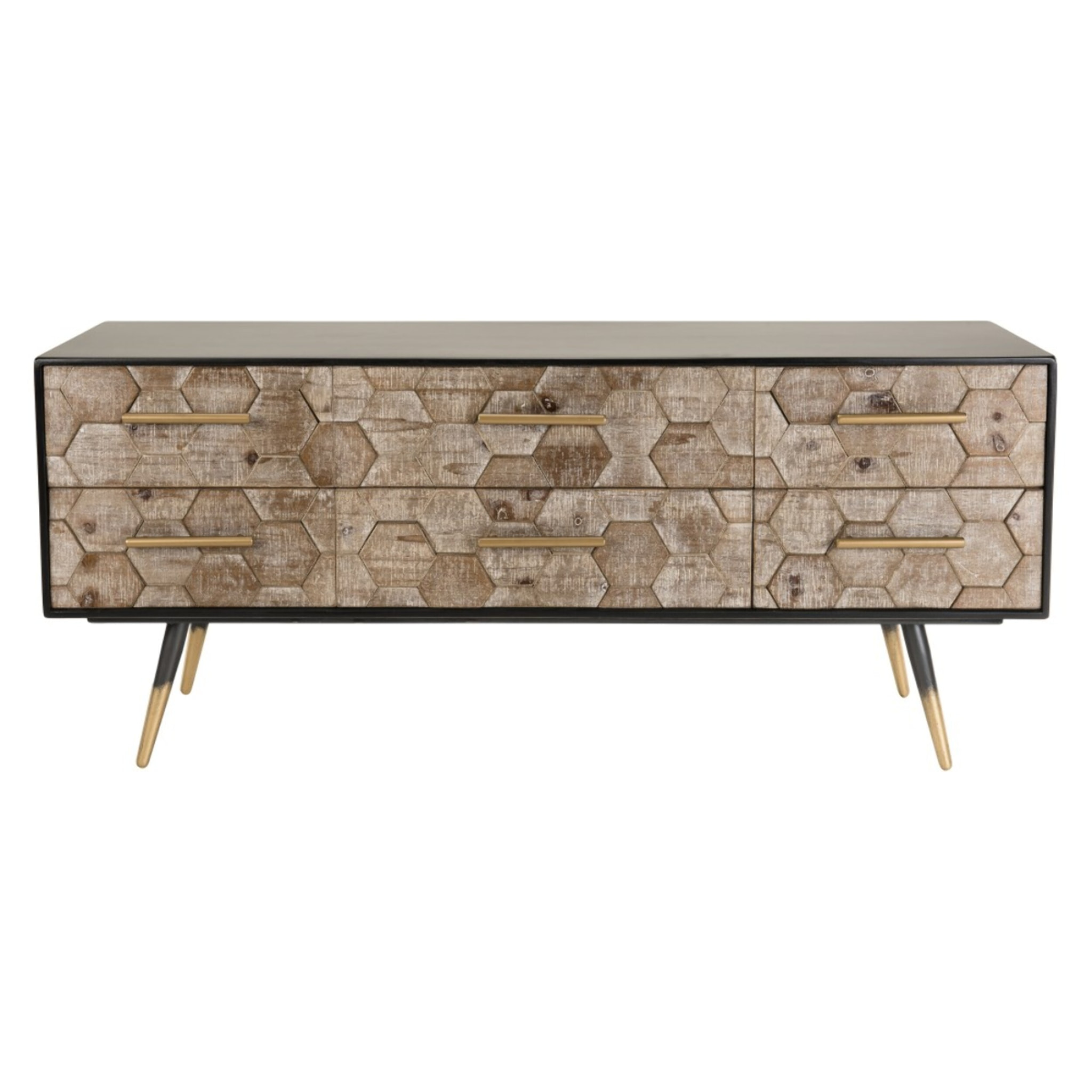 DORRIE - Meuble TV noir 6 tiroirs scandi bois Sapin marqueté pieds métal doré