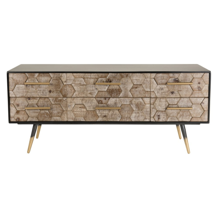 DORRIE - Meuble TV noir 6 tiroirs scandi bois Sapin marqueté pieds métal doré