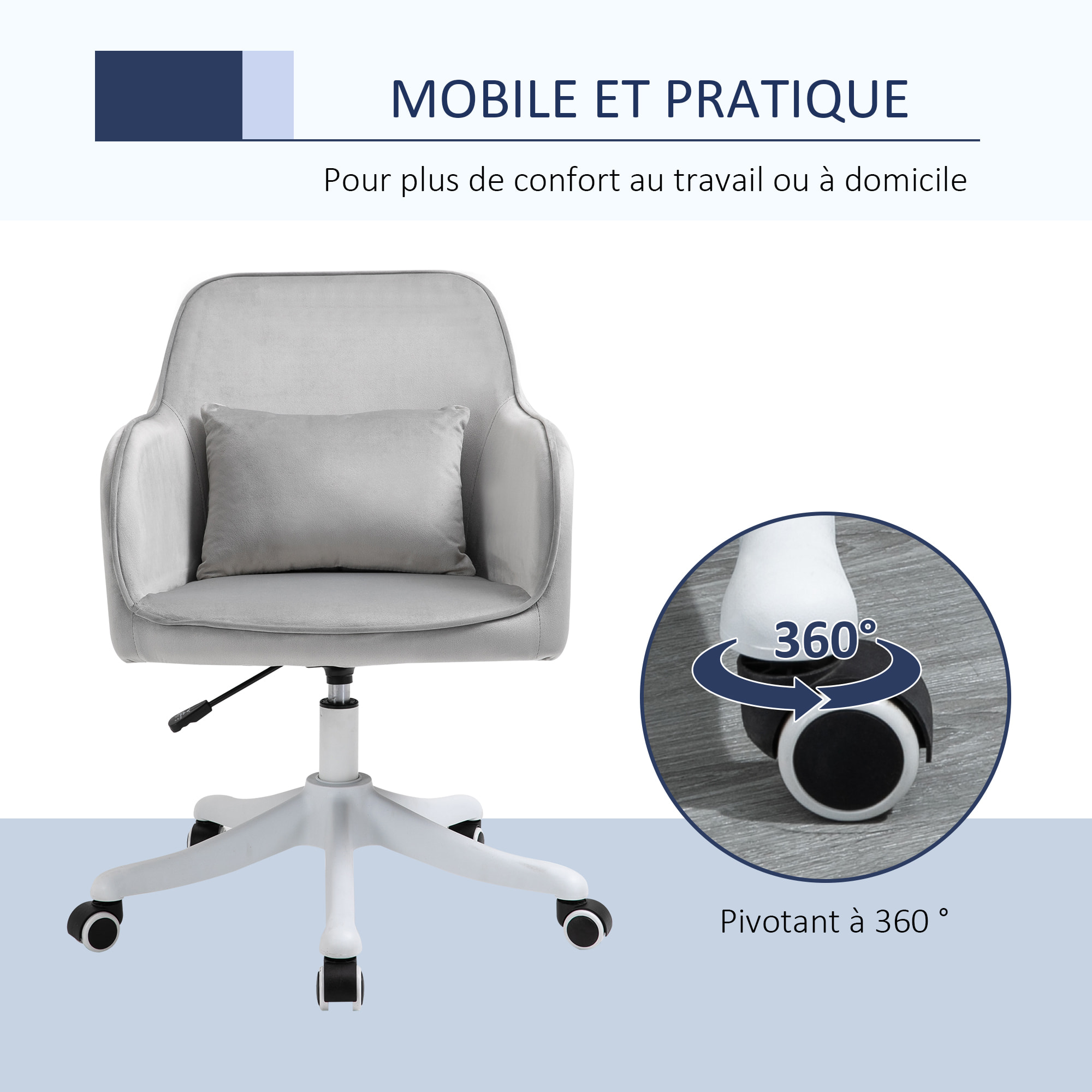 Chaise de bureau velours fauteuil bureau massant coussin lombaire intégré hauteur réglable pivotante 360° gris clair