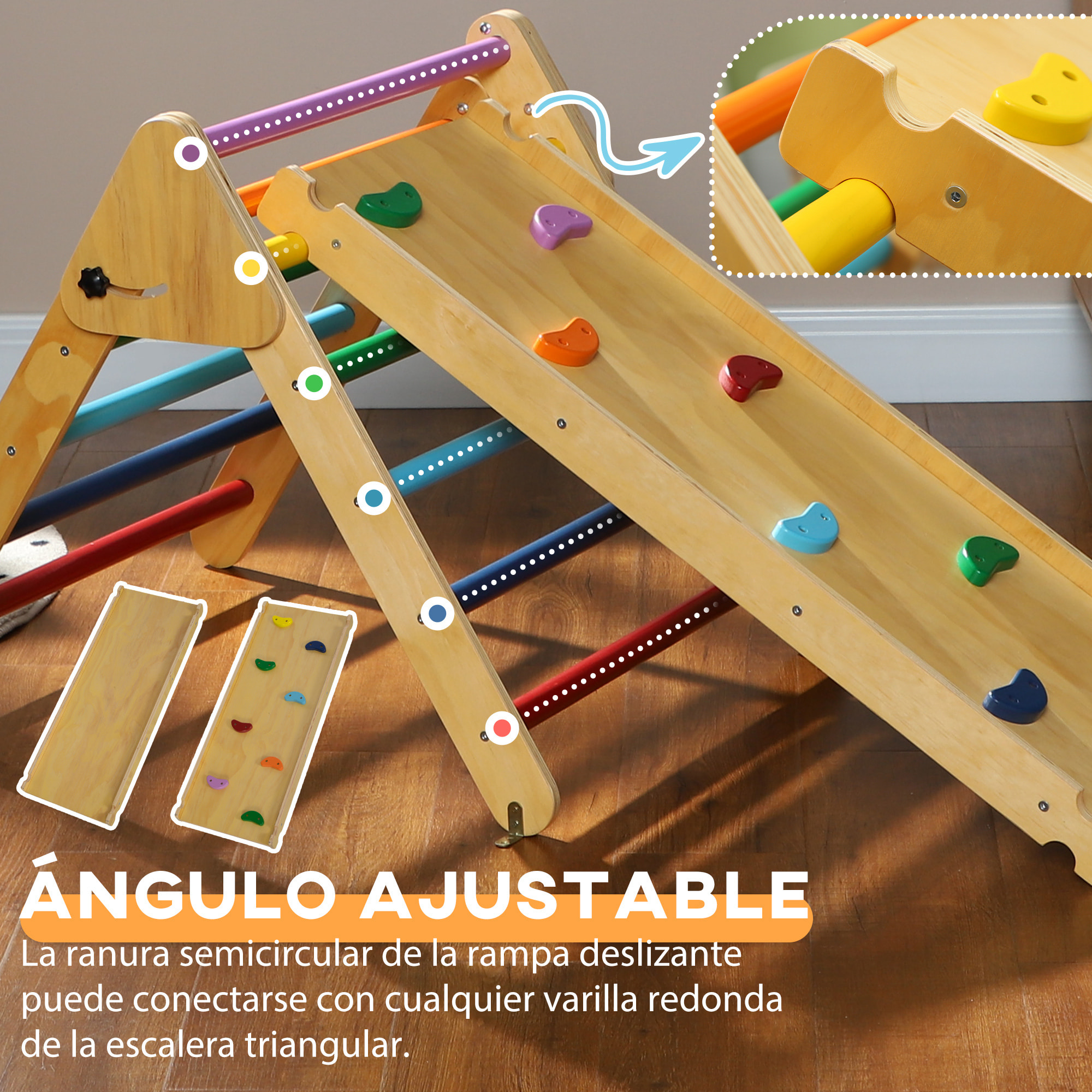 3 en 1 Triángulo de Escalada Montessori, Escalada para Niños de Madera Plegable, para18-48 Meses, con Rampa, para Deslizarse o Escalar, 147x64,5 cm, Multicolor
