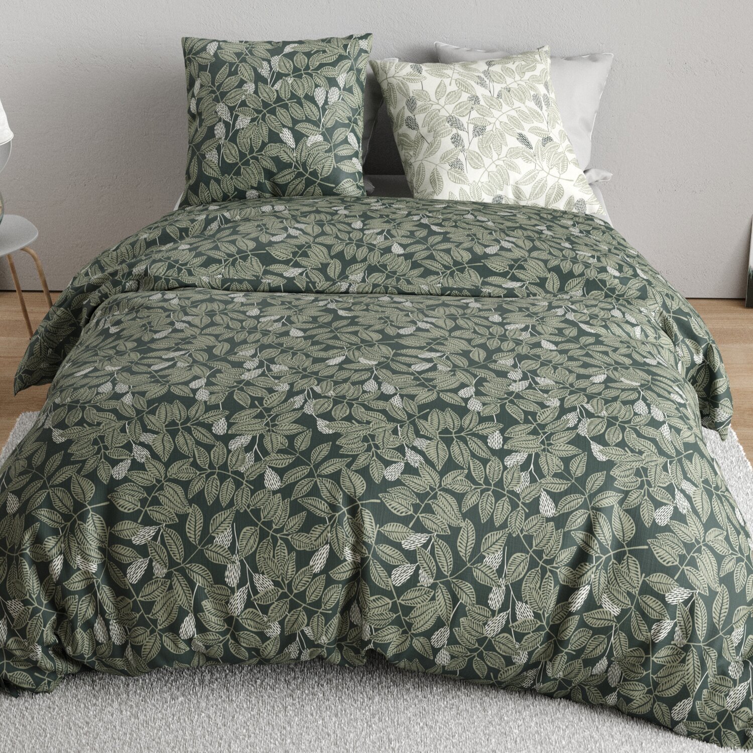 Parure housse de couette 100% percale de coton motif feuilles - EMERIDE