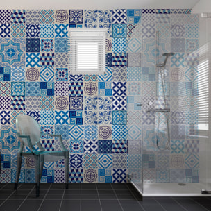 Stickers muraux - Sticker Mural Carrelage adhésif Cuisine Salle de Bain - 60 STICKERS CARREAUX DE CIMENT AZULEJOS HORTENSIA