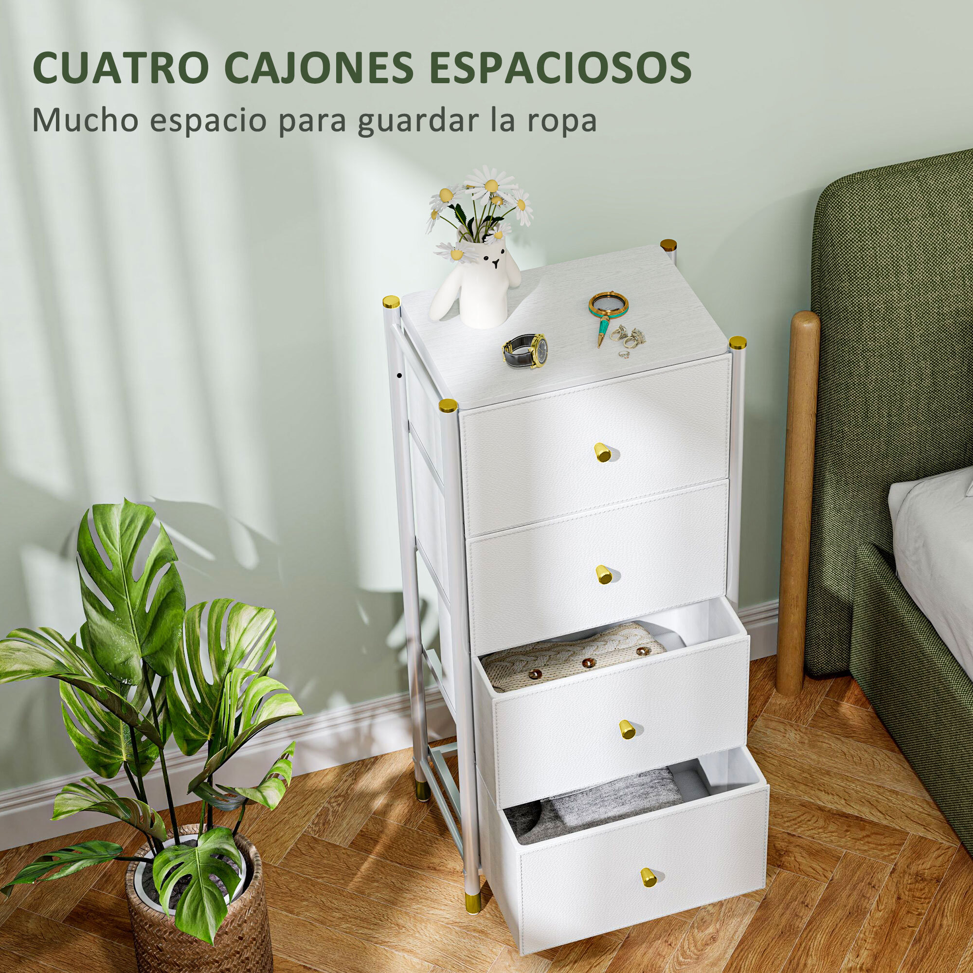 Cómoda para Dormitorio Cajonera de Tela con 4 Cajones Plegables con Frentes de PU y Marco de Acero Cajonera para Dormitorio Salón Blanco