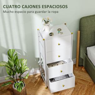 Cómoda para Dormitorio Cajonera de Tela con 4 Cajones Plegables con Frentes de PU y Marco de Acero Cajonera para Dormitorio Salón Blanco
