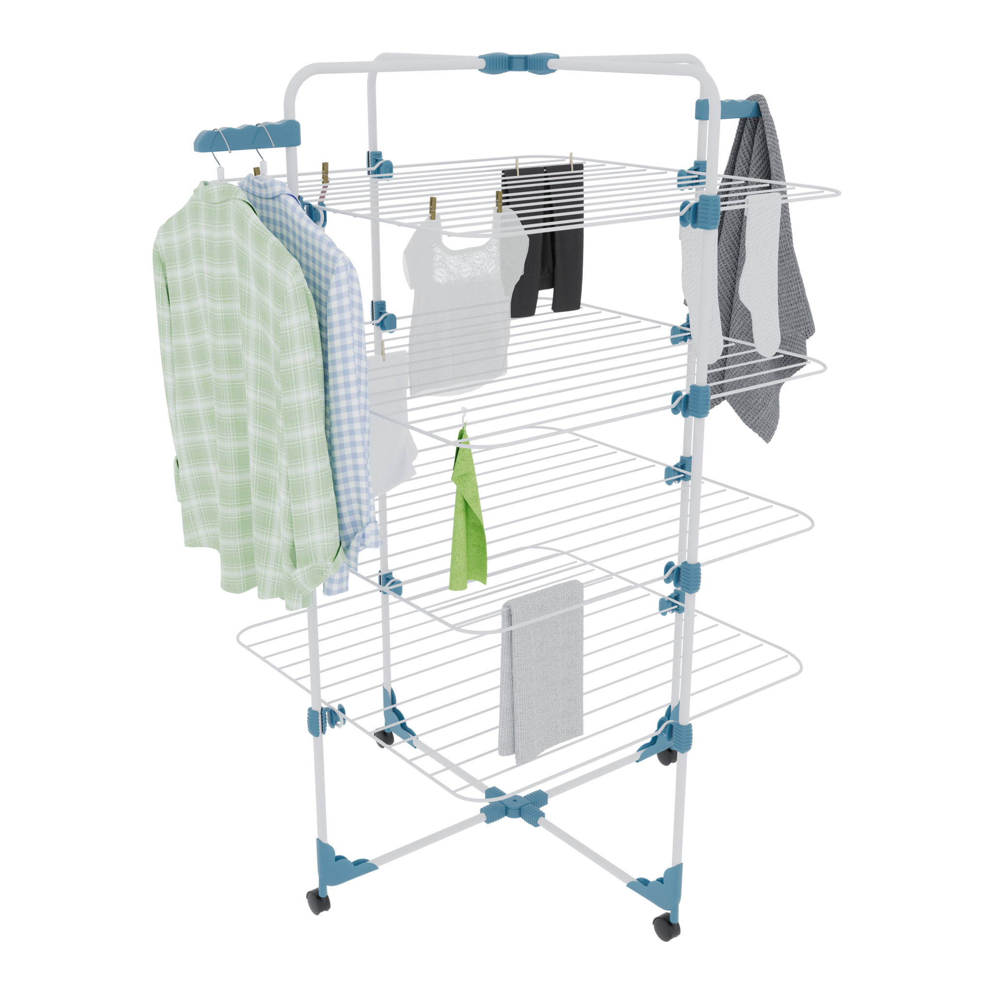 Stendibiancheria Da Pavimento Con Rotelle Stendino A Torre Verticale In Acciaio 4 Ripiani 2 Appendi Grucce Pieghevole 168.5x71x71 Cm Bianco Blu