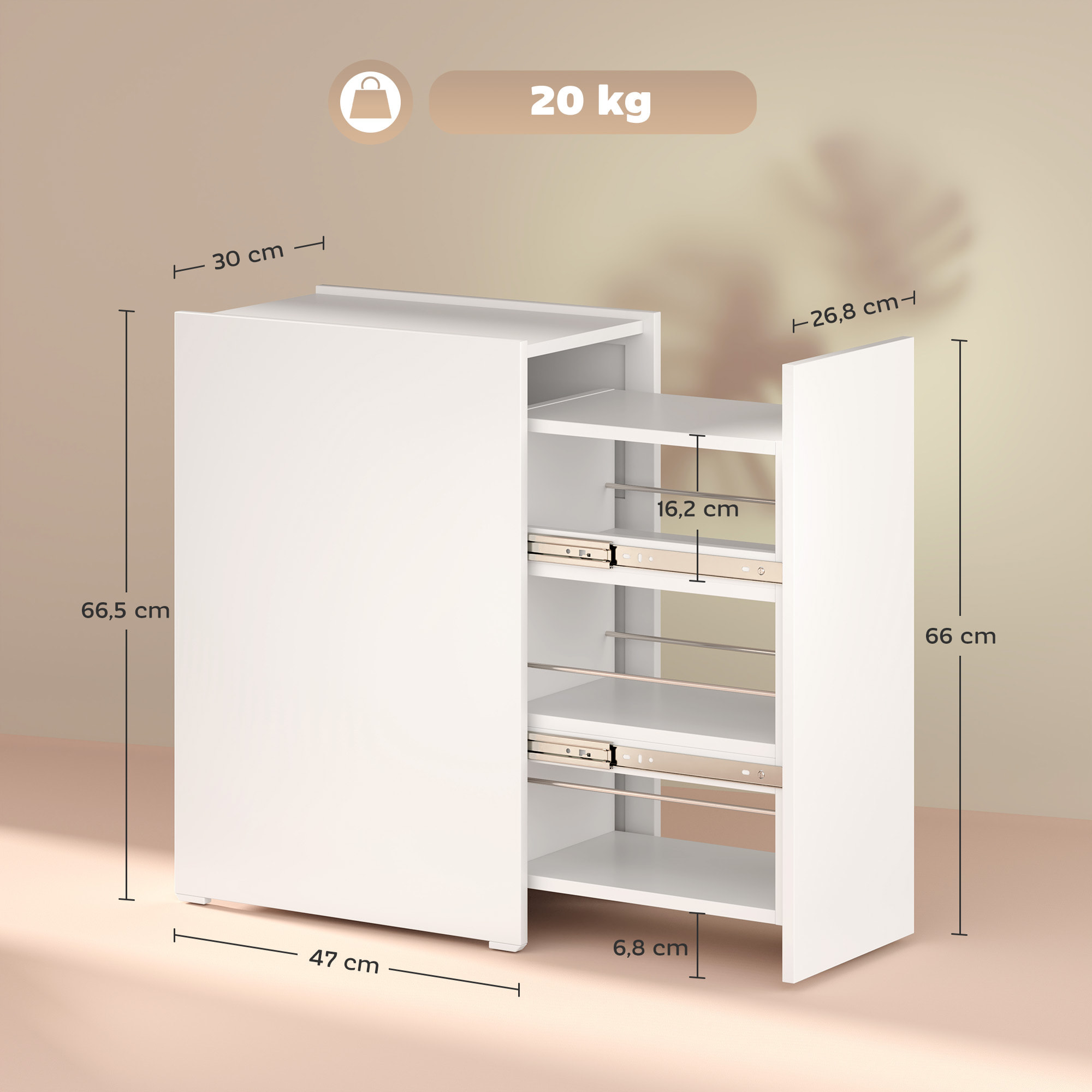 Armario de Baño Estrecho con Cajón Deslizante y Ruedas Mueble de Baño con 3 Compartimentos Mueble Auxiliar para Espacios Pequeños 47x30x66,5 cm Blanco