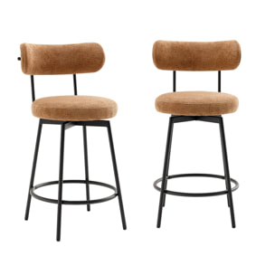 Lot de deux tabourets de bar assise rotative métal noir et tissu camel - L 50 x P 50 x H 92cm - Iris