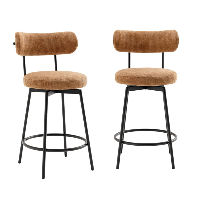 Lot de deux tabourets de bar assise rotative métal noir et tissu camel - L 50 x P 50 x H 92cm - Iris